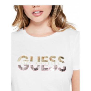 Guess totální doprodej dámské tričko Huger Split Logo Crew bílé