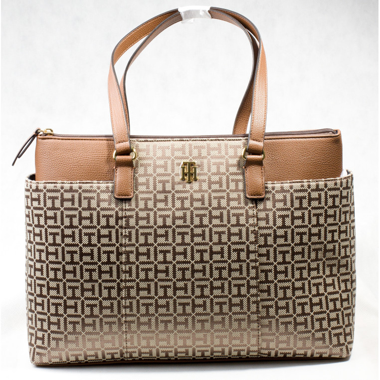 Tommy Hilfiger Větší kabelka Signature TH Logo Large Tote Shoulder Bag Jacquard béžová