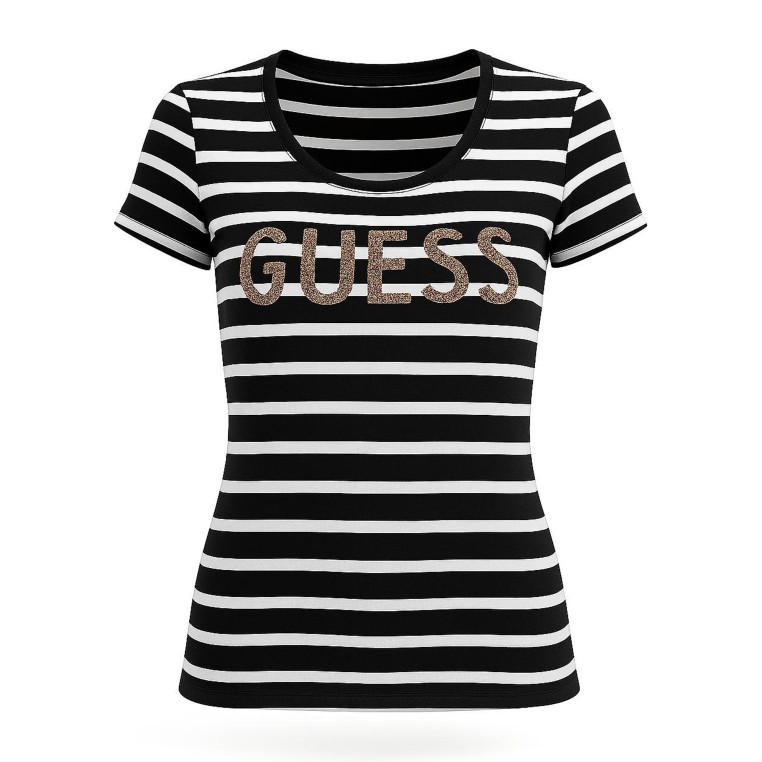 GUESS tričko Kella Logo Striped Tee černé
