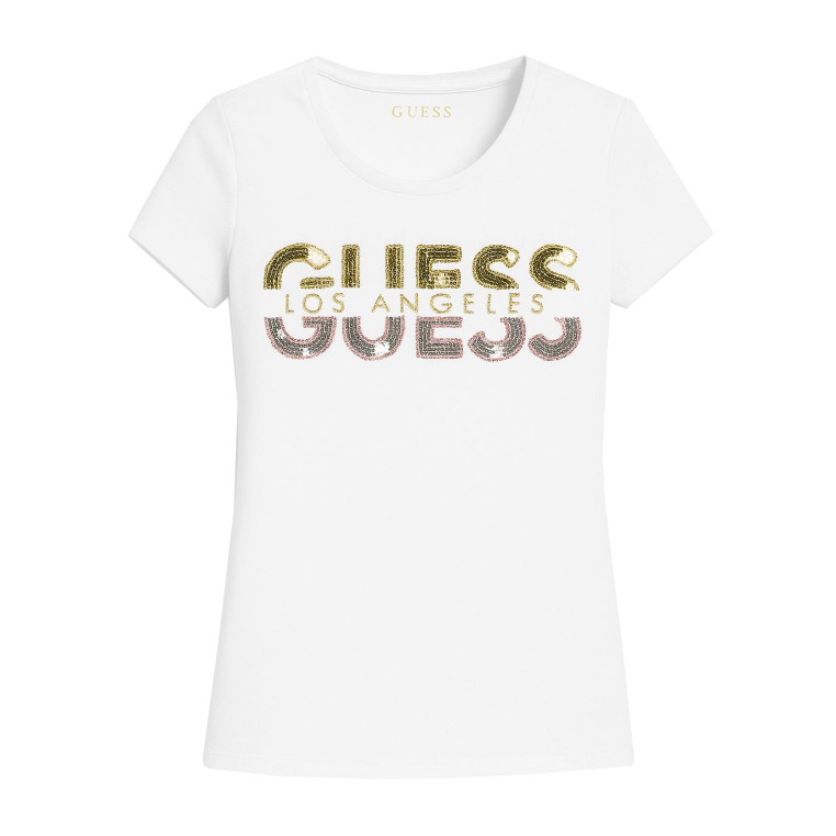 Guess totální doprodej dámské tričko Huger Split Logo Crew bílé