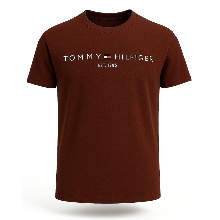 Tommy Hilfiger Pánské Tričko s Krátkým Rukávem – Burgundy Brown